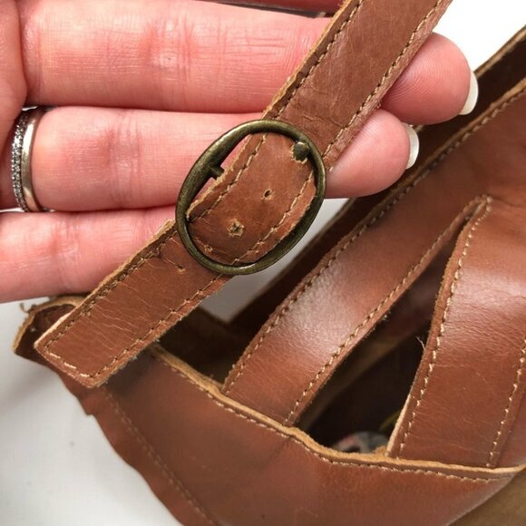 Restricted Camel Brown Strappy Cutout Wooden Platform Wedge Sandals Shoes - Picture 8 of 16